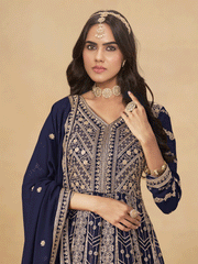 Navy Blue Faux Georgette Zari Embroidered Sequins A Line Anarkali Suit Festive Wear
