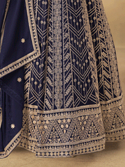 Navy Blue Faux Georgette Zari Embroidered Sequins A Line Anarkali Suit Festive Wear