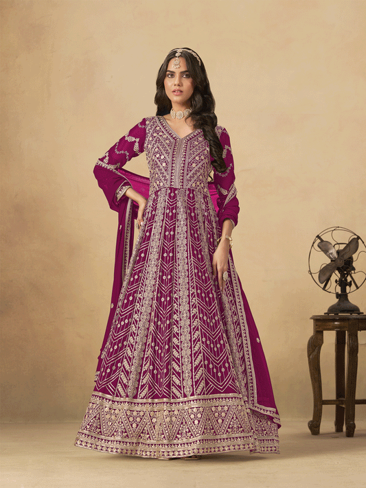 Rani Pink Faux Georgette Zari Embroidered Sequins A Line Anarkali Suit Festive Wear