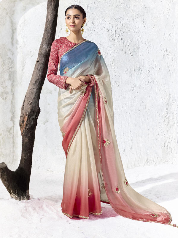 Triveni Coral Tri-Tone Soft Tissue Silk Saree