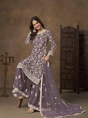 Net Purple Wedding Embroidered Gharara Sytle Suit
