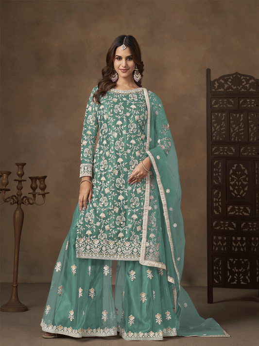 Net Green Wedding Embroidered Gharara Sytle Suit
