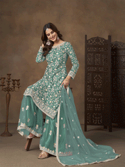Net Green Wedding Embroidered Gharara Sytle Suit