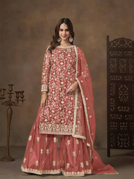 Net Peach Wedding Embroidered Gharara Sytle Suit