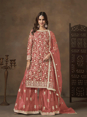 Net Peach Wedding Embroidered Gharara Sytle Suit