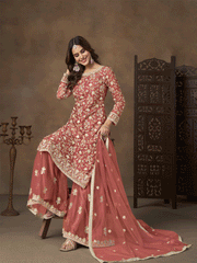 Net Peach Wedding Embroidered Gharara Sytle Suit