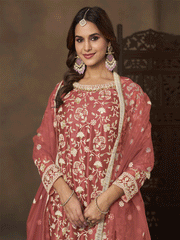Net Peach Wedding Embroidered Gharara Sytle Suit