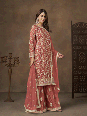 Net Peach Wedding Embroidered Gharara Sytle Suit