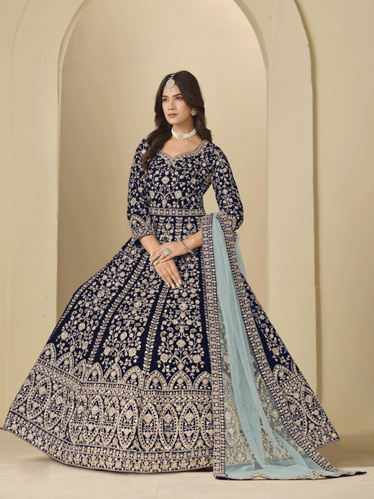 Blue Velvet Embroidered Wedding Party Wear Gown