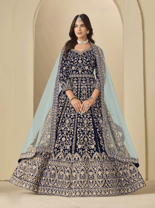 Blue Velvet Embroidered Wedding Party Wear Gown