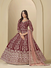 Maroon Velvet Embroidered Wedding Party Wear Gown