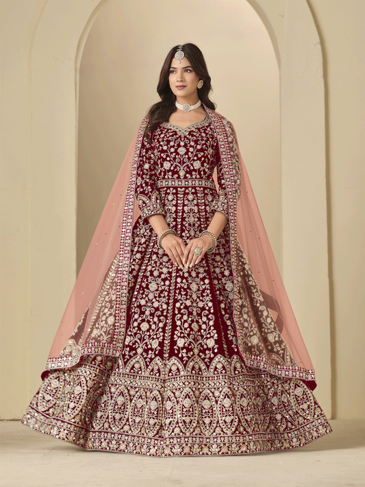 Maroon Velvet Embroidered Wedding Party Wear Gown