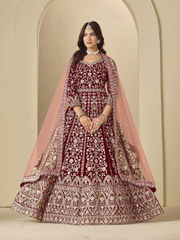 Maroon Velvet Embroidered Wedding Party Wear Gown