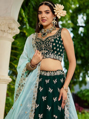 Green colour Organza Sequinse embroidery Semi Stitched Lehenga choli and Dupatta