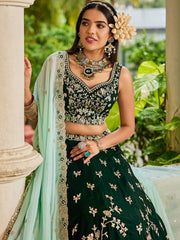 Green colour Organza Sequinse embroidery Semi Stitched Lehenga choli and Dupatta