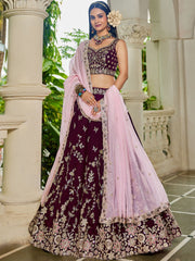 Burgundy colour Organza Sequinse embroidery Semi Stitched Lehenga choli and Dupatta