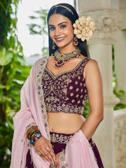 Burgundy colour Organza Sequinse embroidery Semi Stitched Lehenga choli and Dupatta