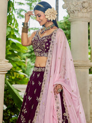 Burgundy colour Organza Sequinse embroidery Semi Stitched Lehenga choli and Dupatta
