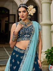 Navy blue colour Organza Sequinse embroidery Semi Stitched Lehenga choli and Dupatta