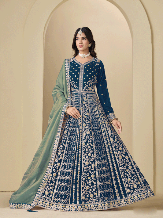 Navy Blue Wedding Wear Velvet Embroidered Anarkali Suit