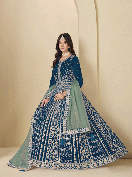 Navy Blue Wedding Wear Velvet Embroidered Anarkali Suit