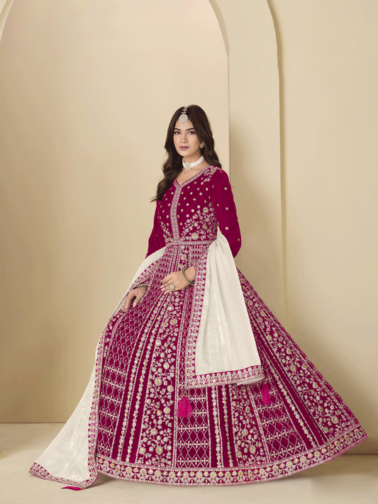 Velvet Embroidered Pink Anarkali Suit For Wedding Wear