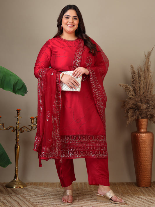 Women Abstract Printed and Sequinned Embroidered Kurta Set with Dupatta