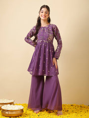 Girls Ethnic Motifs Embroidered Empire Thread Work Kurta with Sharara