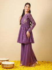 Girls Ethnic Motifs Embroidered Empire Thread Work Kurta with Sharara