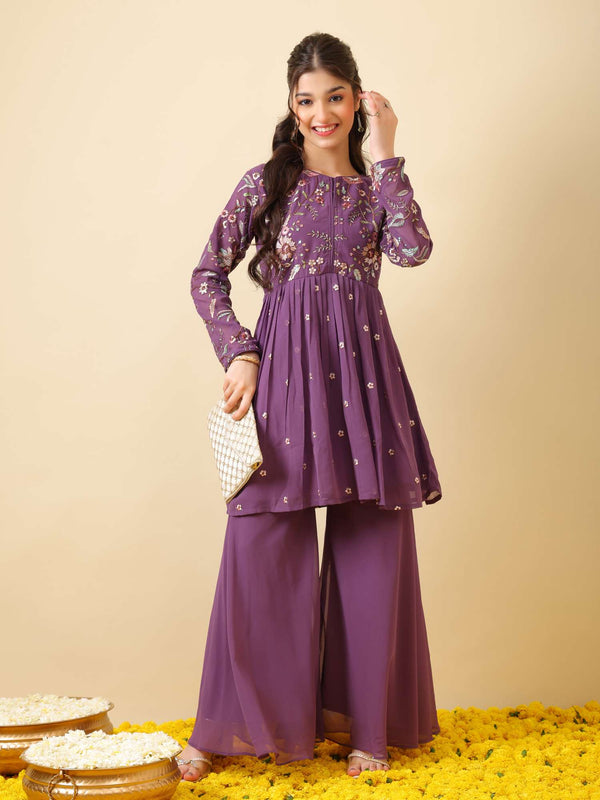 Girls Ethnic Motifs Embroidered Empire Thread Work Kurta with Sharara