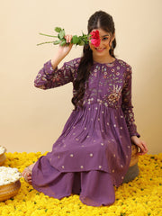 Girls Ethnic Motifs Embroidered Empire Thread Work Kurta with Sharara