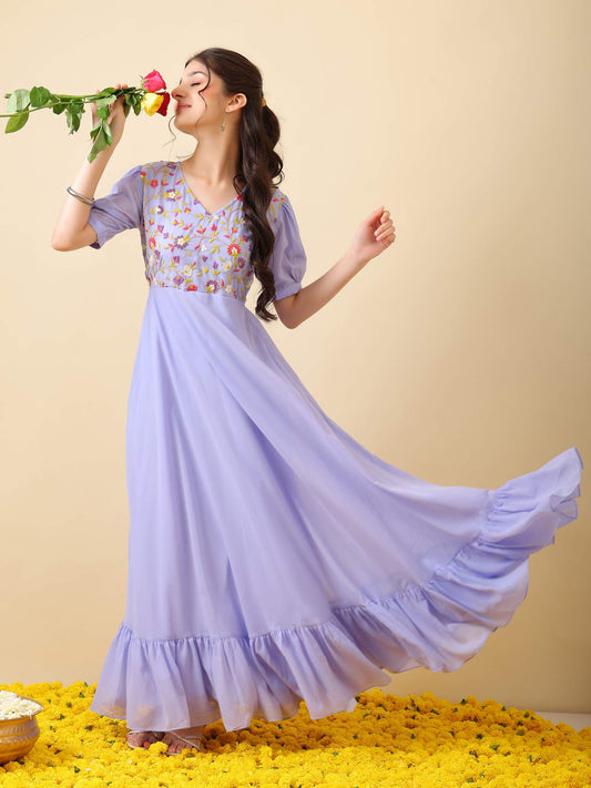 Girls Floral Thread Embroidered Ethnic Dress