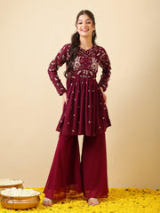 Girls Floral Embroidered Empire Thread Work Kurti with Sharara