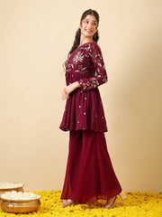 Girls Floral Embroidered Empire Thread Work Kurti with Sharara