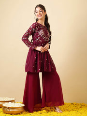 Girls Floral Embroidered Empire Thread Work Kurti with Sharara