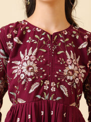 Girls Floral Embroidered Empire Thread Work Kurti with Sharara