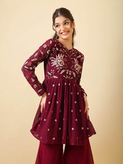 Girls Floral Embroidered Empire Thread Work Kurti with Sharara