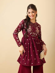 Girls Floral Embroidered Empire Thread Work Kurti with Sharara