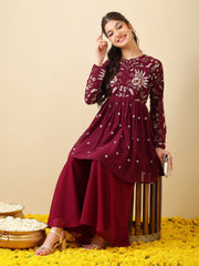 Girls Floral Embroidered Empire Thread Work Kurti with Sharara