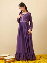 Girls Floral Thread & Sequinned Embroidered Ethnic Dress