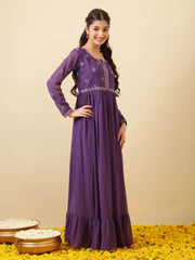Girls Floral Thread & Sequinned Embroidered Ethnic Dress