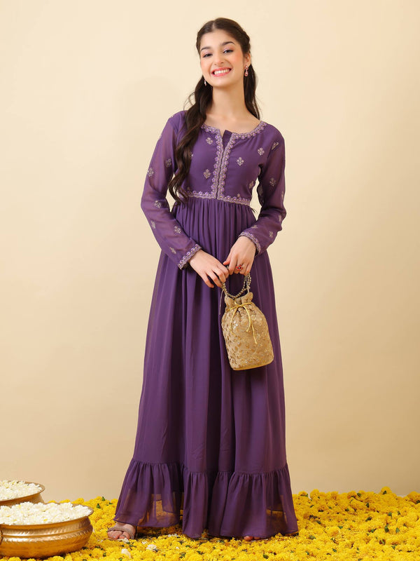 Girls Floral Thread & Sequinned Embroidered Ethnic Dress