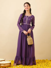 Girls Floral Thread & Sequinned Embroidered Ethnic Dress