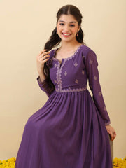 Girls Floral Thread & Sequinned Embroidered Ethnic Dress