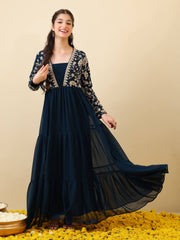 Girls Floral Zari & Sequinned Embroidered Ethnic Dress