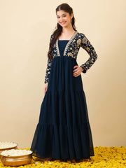 Girls Floral Zari & Sequinned Embroidered Ethnic Dress
