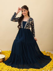 Girls Floral Zari & Sequinned Embroidered Ethnic Dress