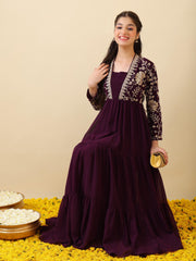 Girls Floral Zari & Sequinned Embroidered Ethnic Dress