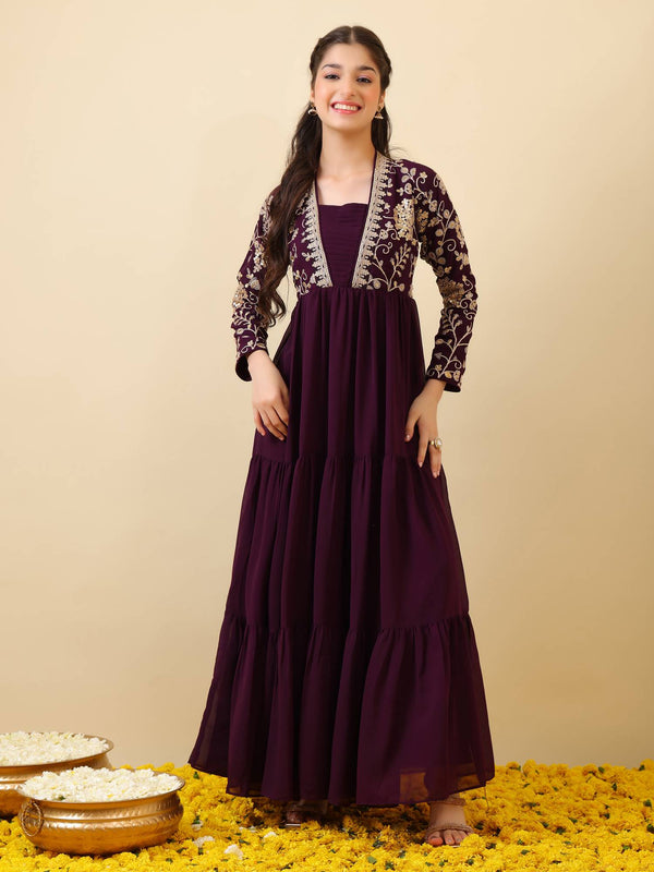 Girls Floral Zari & Sequinned Embroidered Ethnic Dress