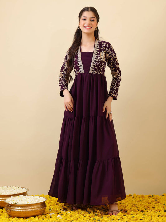 Girls Floral Zari & Sequinned Embroidered Ethnic Dress